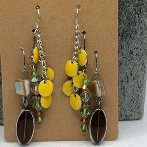 Three Pairs Dangle Earrings Yellow Brown Green